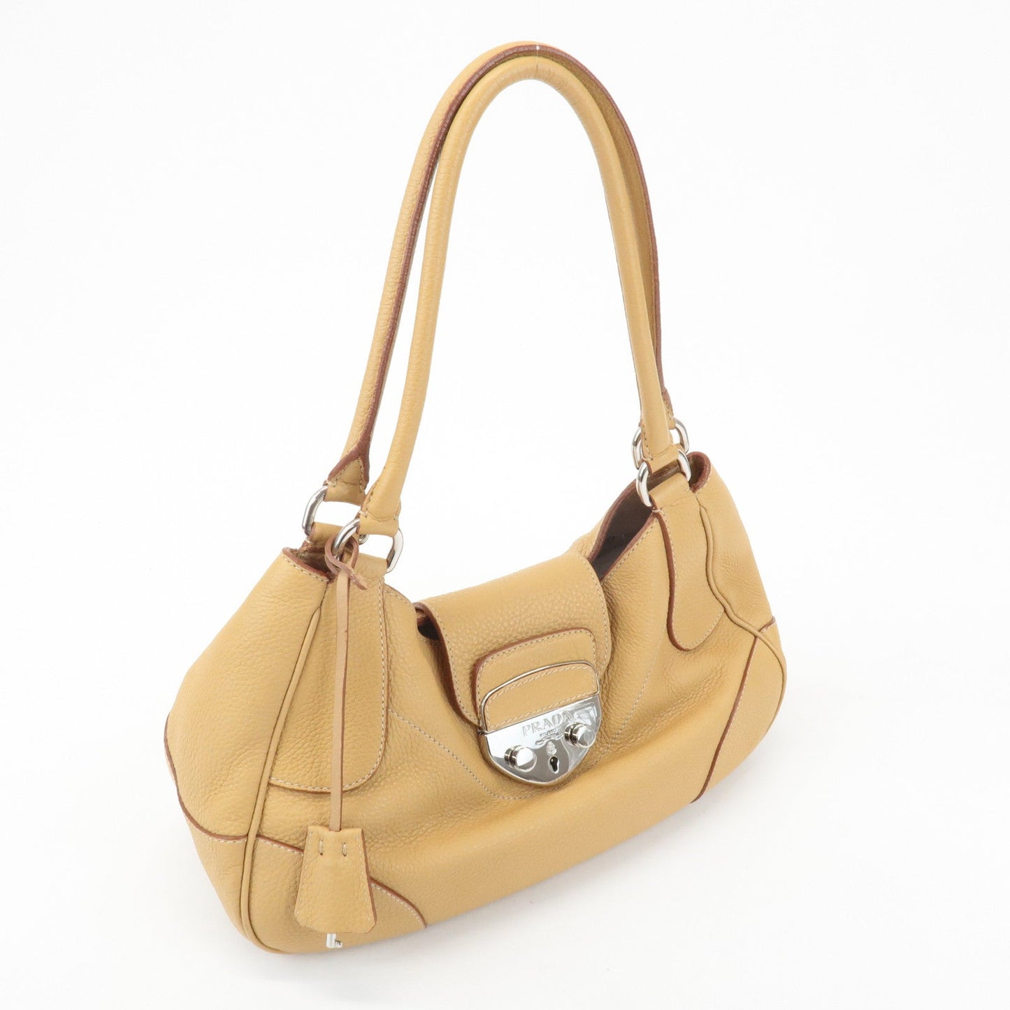 PRADA Leather Shoulder Bag Hand Bag Beige Silver HDW d