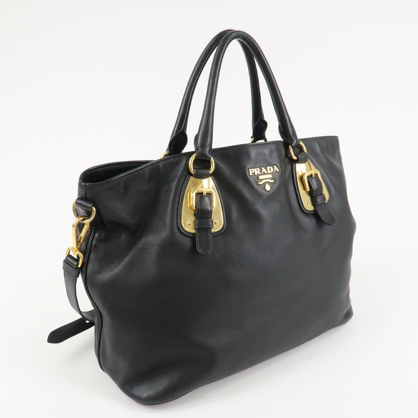 PRADA Logo Calf Leather 2Way Tote Bag Hand Bag Black Gold HDW BN1902 d