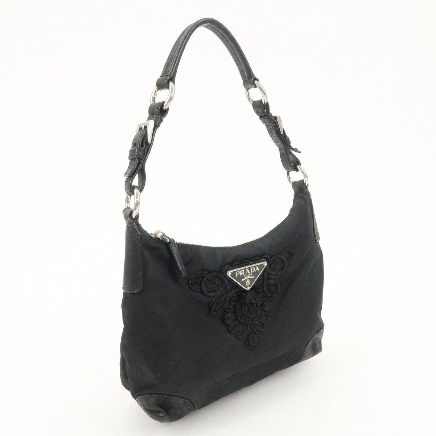PRADA Triangle Logo Leather Nylon Shoulder Bag Hand Bag Black d