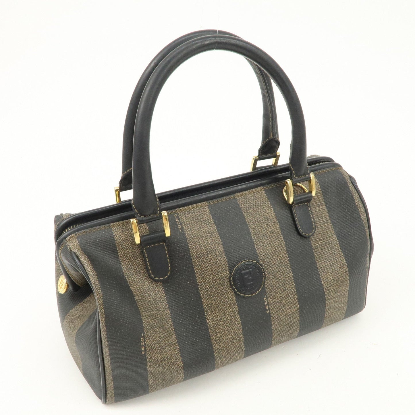 FENDI Pequin PVC Canvas Hand Bag Boston Bag Black Brown d