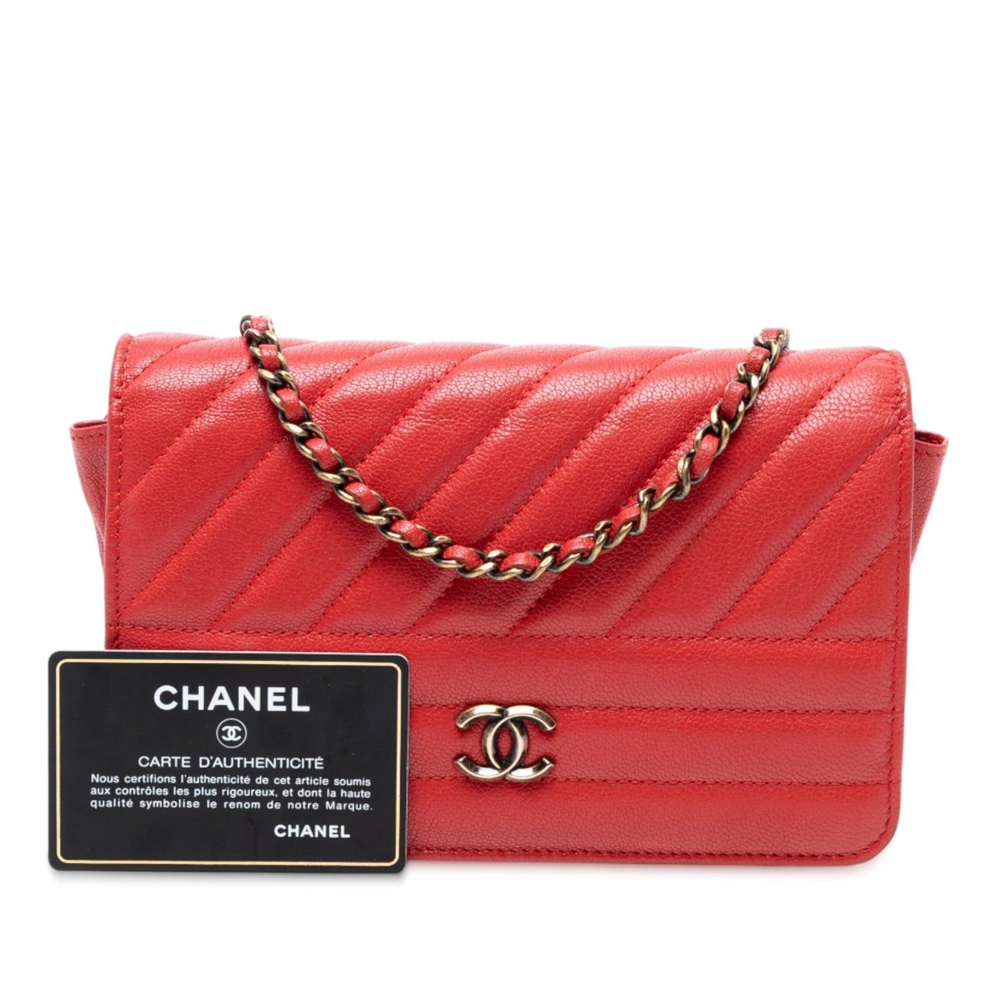 Red Chanel Quilted Goatskin Diagonal Wallet On Chain Crossbody Bag