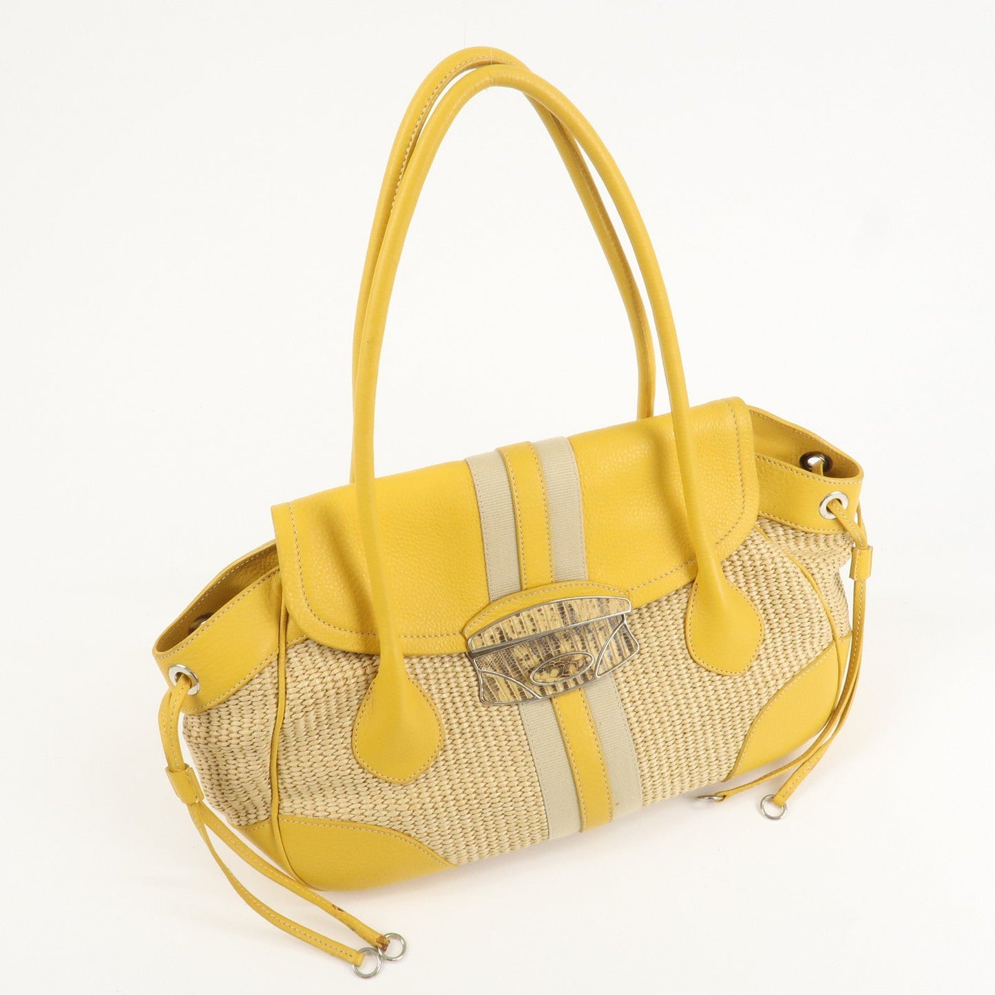 PRADA Triangle Logo Leather Raffia Tote Bag Beige Yellow d