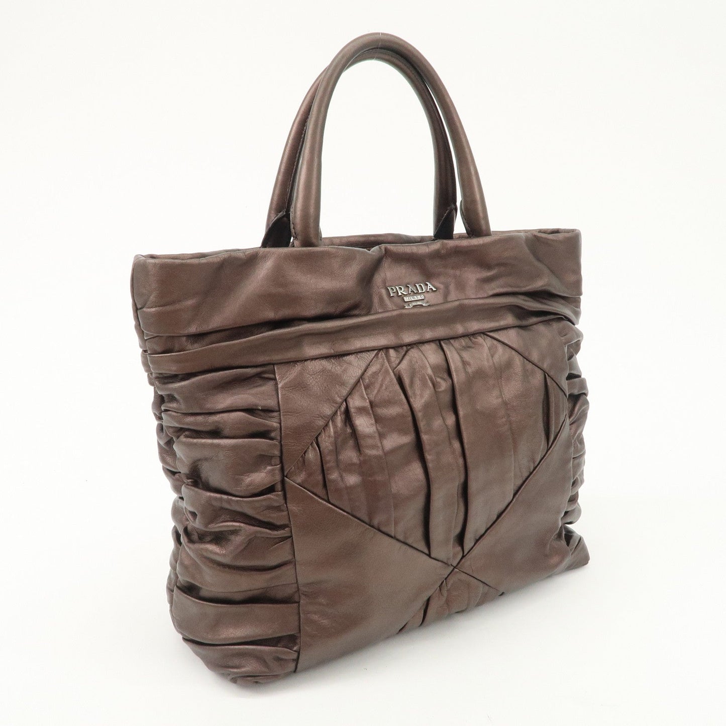 Prada Gathered Leather Tote Bag Hand Bag Bronze Silver HDW BN1719 d
