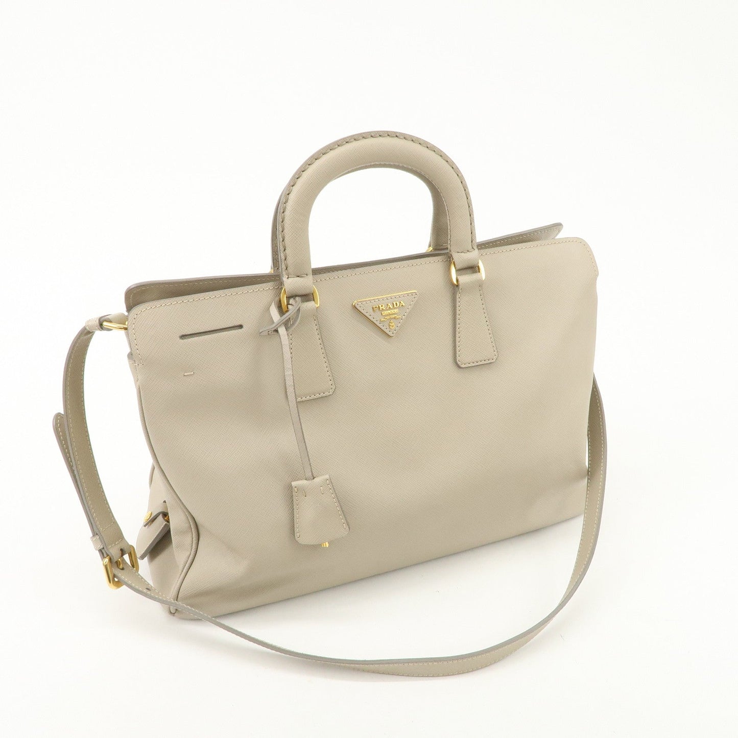 PRADA Triangle Logo Leather 2Way Bag Hand Bag Beige Gold Hardware d