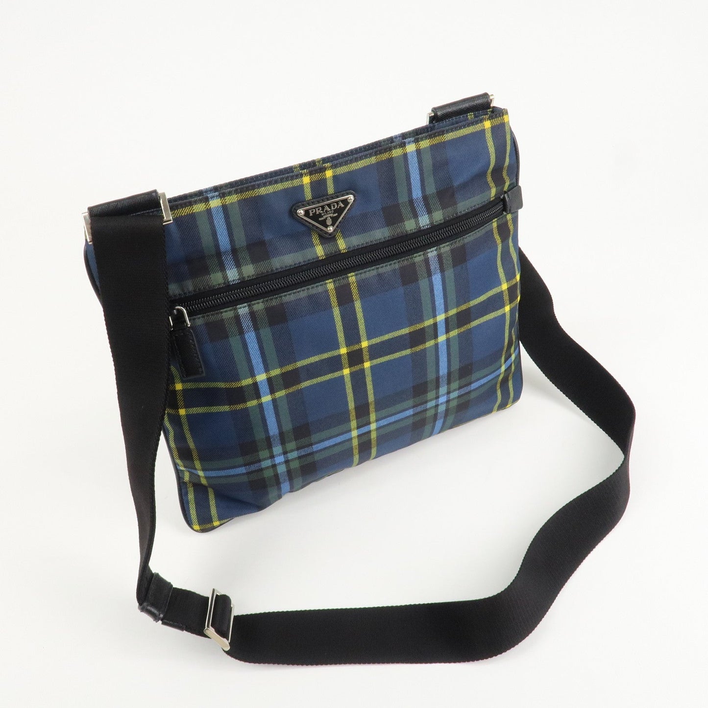 PRADA Triangle Logo Nylon Plaid Shoulder Bag Navy Multicolor VA053M d