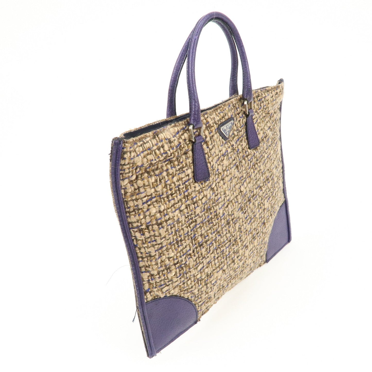 PRADA Triangle Logo Tweed Leather Tote Bag Purple Beige B11261 d