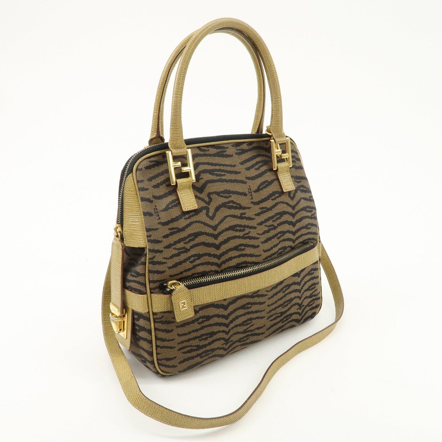 FENDI Leather Canvas 2Way Bag Hand Bag Zebra Print Black Brown d