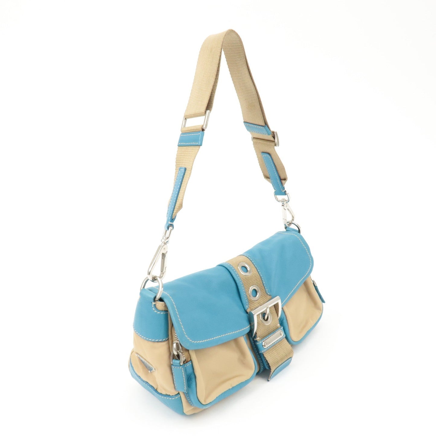 PRADA Nylon Leather Shoulder Bag Crossbody Bag Blue Beige BR2417 d