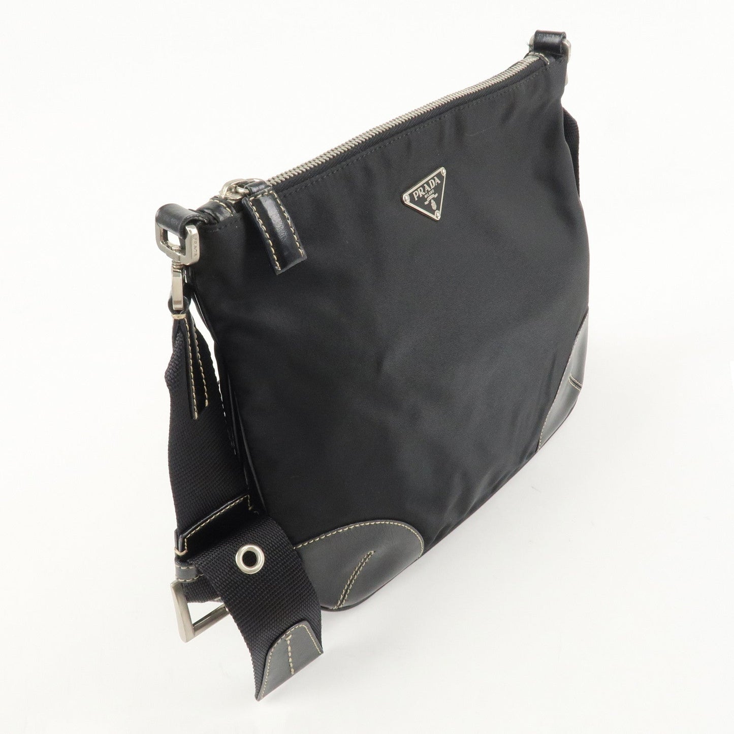 PRADA Triangle Logo Leather Nylon Shoulder Bag Crossbody Bag Black d