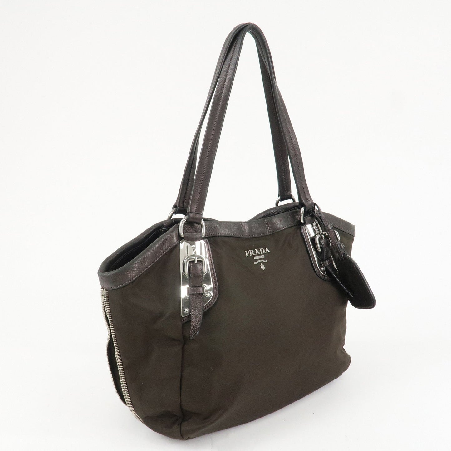 PRADA Logo Nylon Leather Tote Bag Shoulder Bag Khaki Metallic Brown d