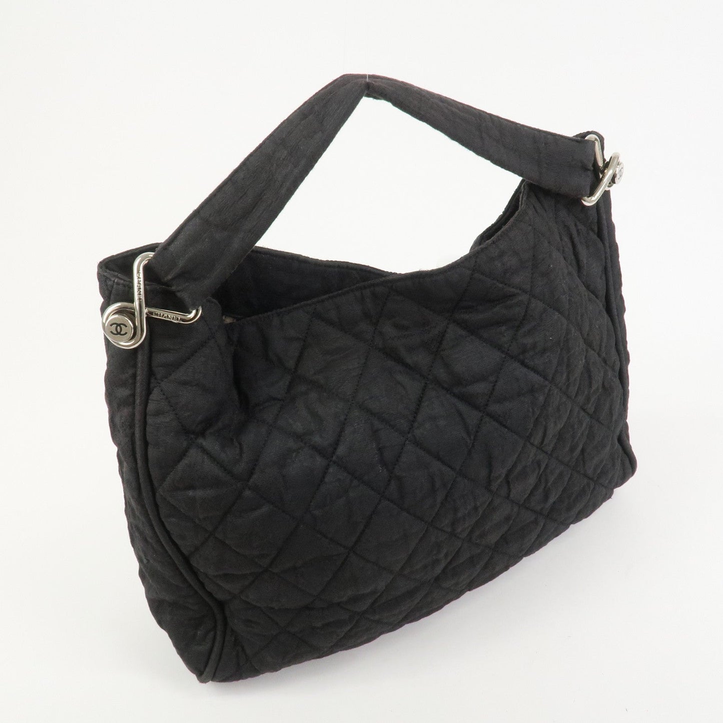 CHANEL Matelasse Canvas Large Shoulder Bag Black Silver