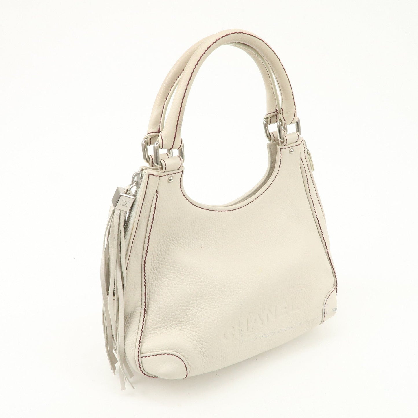 CHANEL Logo Calf Leather Fringe Tassel Shoulder Bag Hand Bag White A23055 d