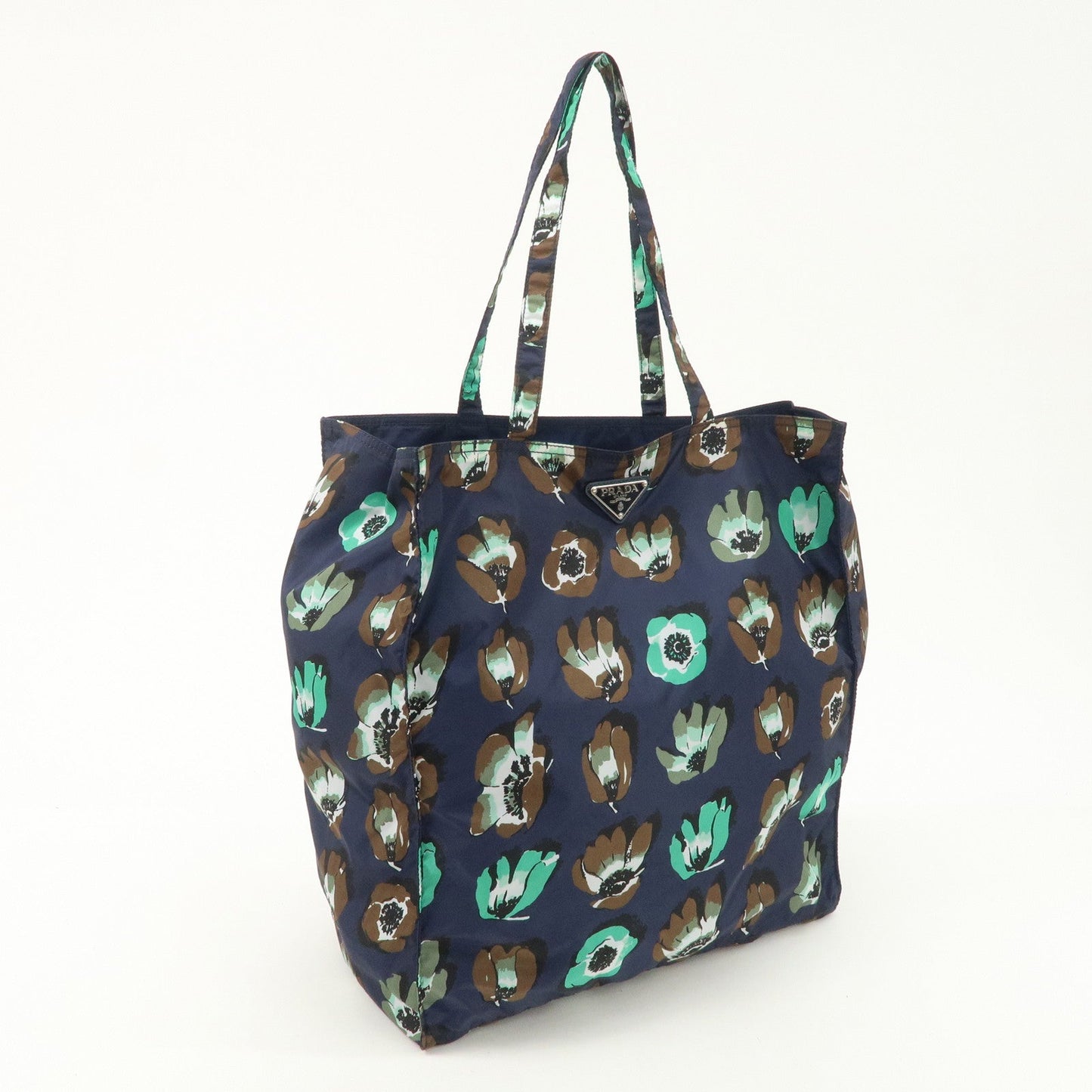 PRADA Triangle Logo Nylon Tote Bag w/Pouch Flower Print Navy B4626B d