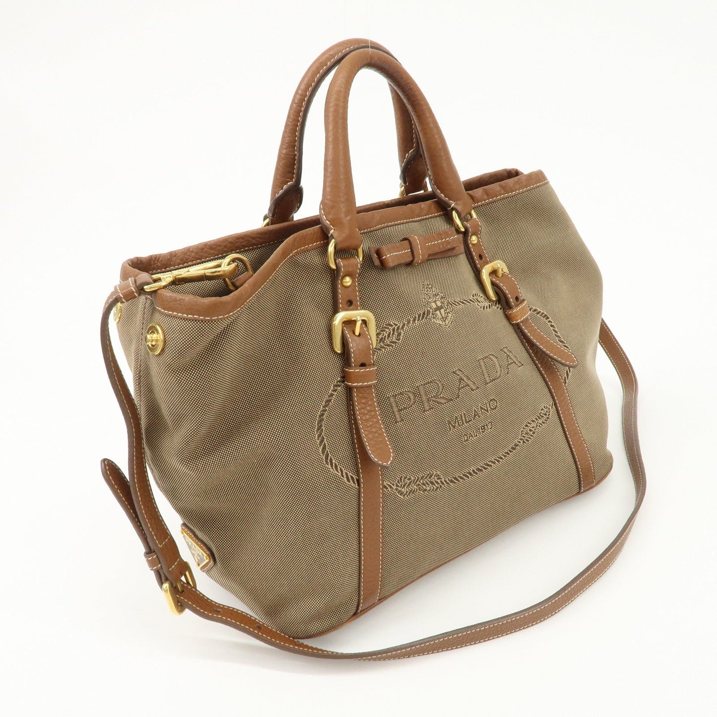 PRADA Leather Logo Jacquard Tote Bag Ribbon Beige Brown BN1841 d