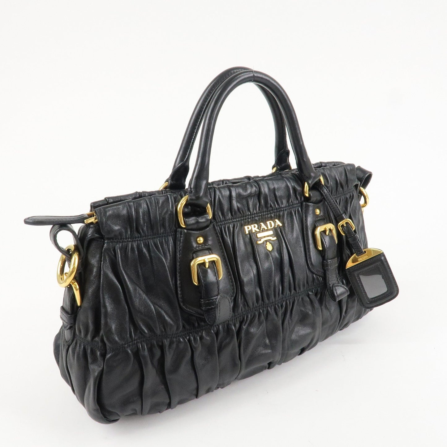 PRADA Logo Leather 2WAY Tote Bag Hand Bag Black Gold HDW B11091 d