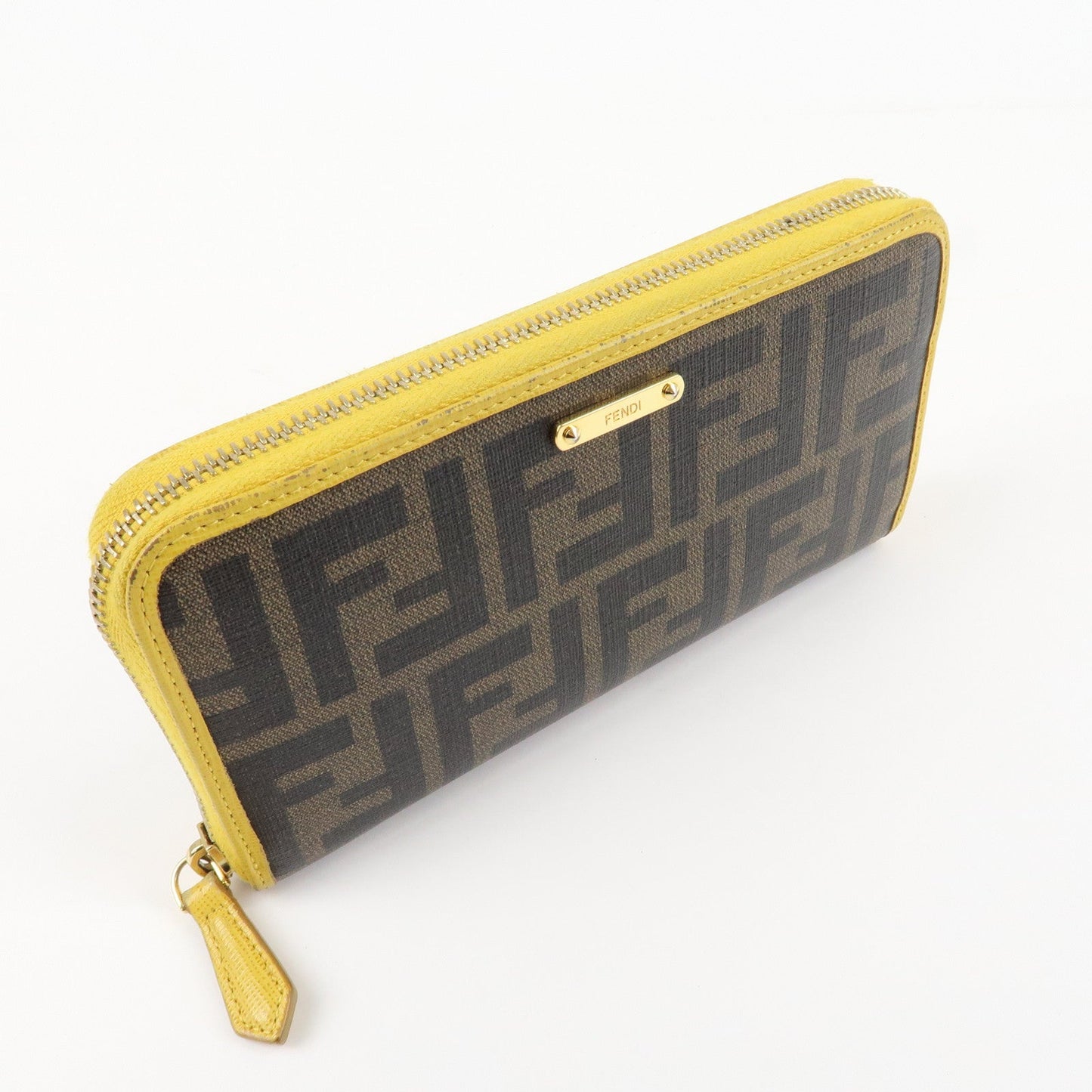 FENDI Zucca PVC Leather Round Zippy Long Wallet Brown Yellow 8M0299 d