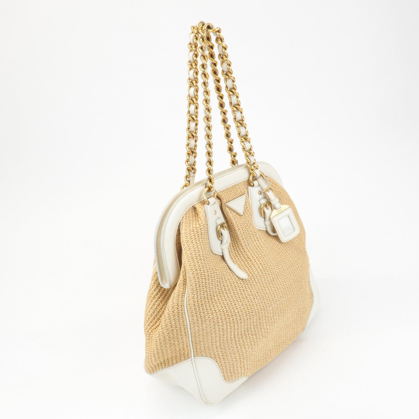 PRADA Triangle Leather Raffia Shoulder Bag Straw Bag Beige BR3693 d