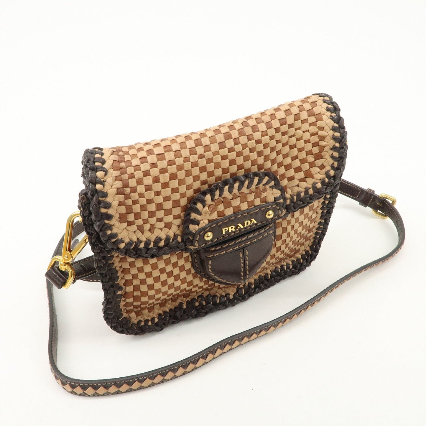PRADA Madras Leather Shoulder bag Beige Brown BT781V d