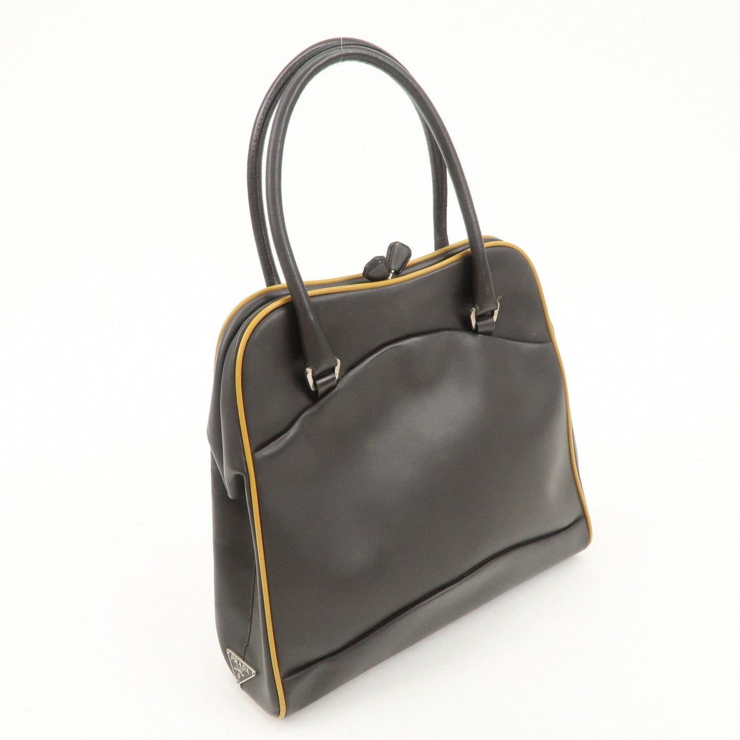 PRADA Triangle Logo Leather Tote Bag Hand Bag Beige Dark Brown d