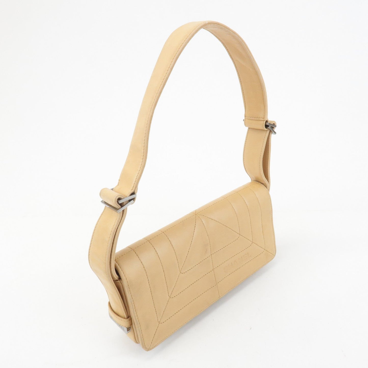 CHANEL Lamb Skin Shoulder Bag Silver Hardware Beige d