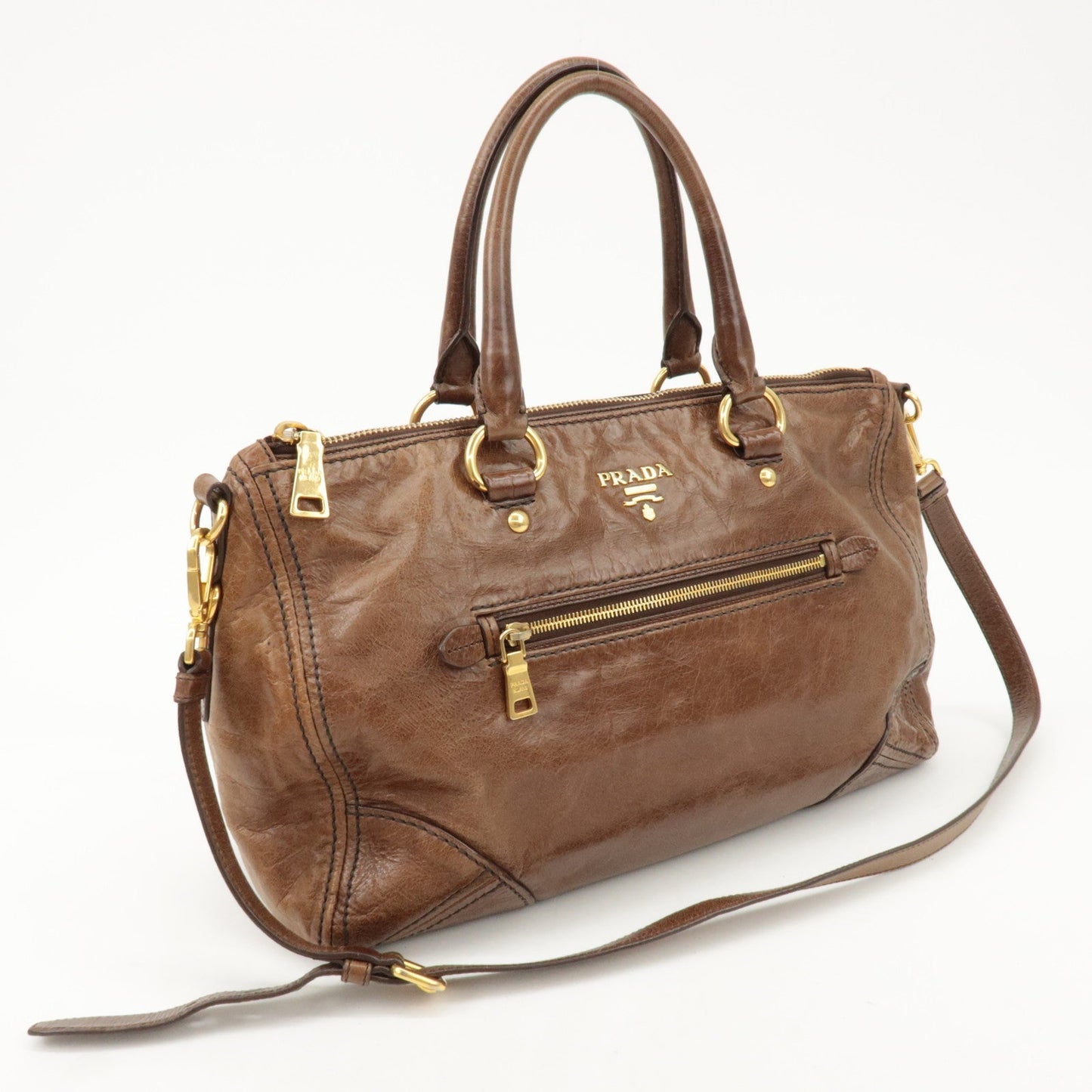 PRADA Logo Leather 2Way Bag Tote Bag Shoulder Bag Brown BL0727 d