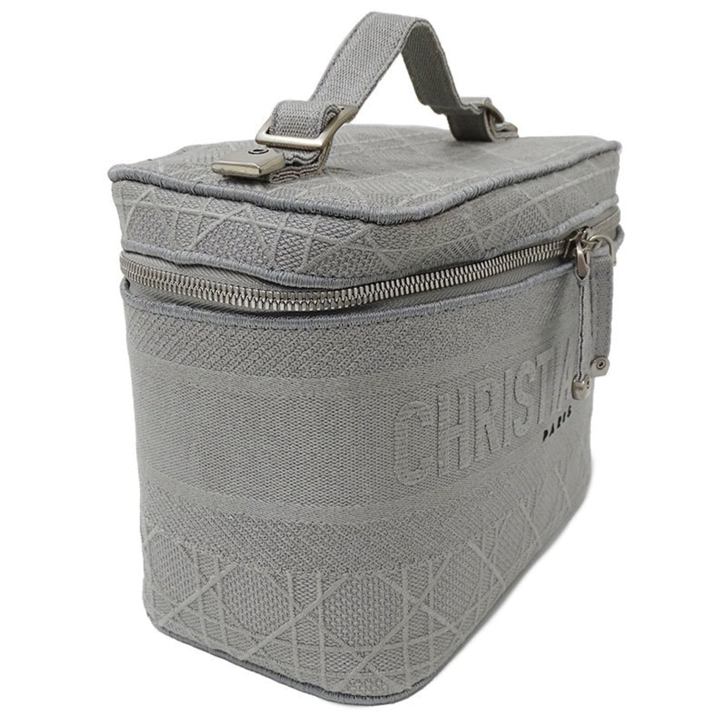 CHRISTIAN DIOR Bag Women's Canvas Vanity Handbag Gray Canage Embroidered Makeup Storage