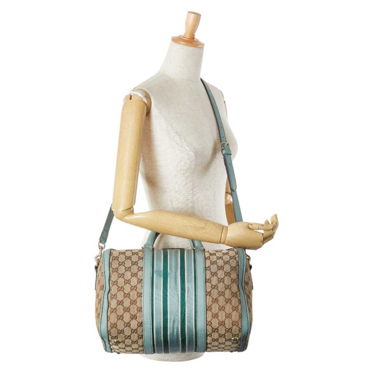 Gucci Beige Blue Canvas Leather Handbag Shoulder Bag ( )