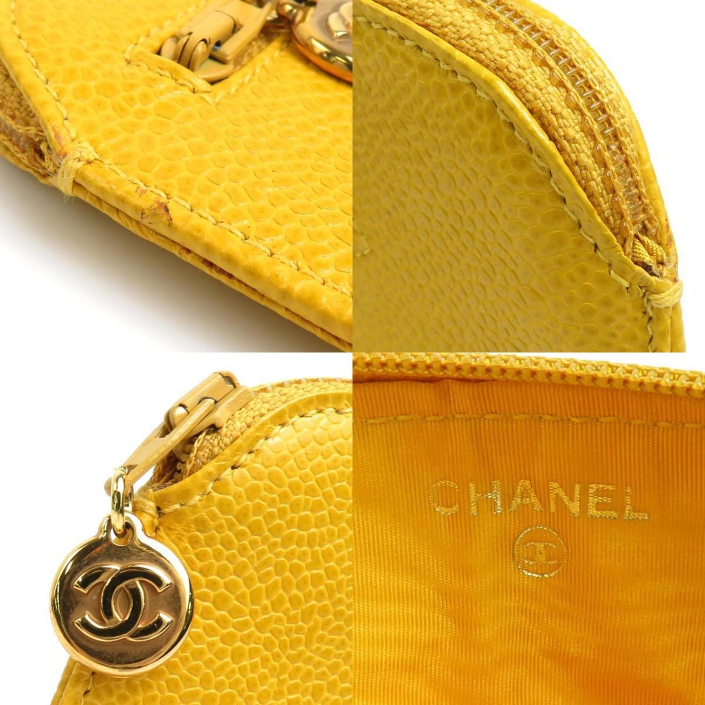 CHANEL Accessory Pouch Coco Mark Caviar Skin Leather Yellow Ladies