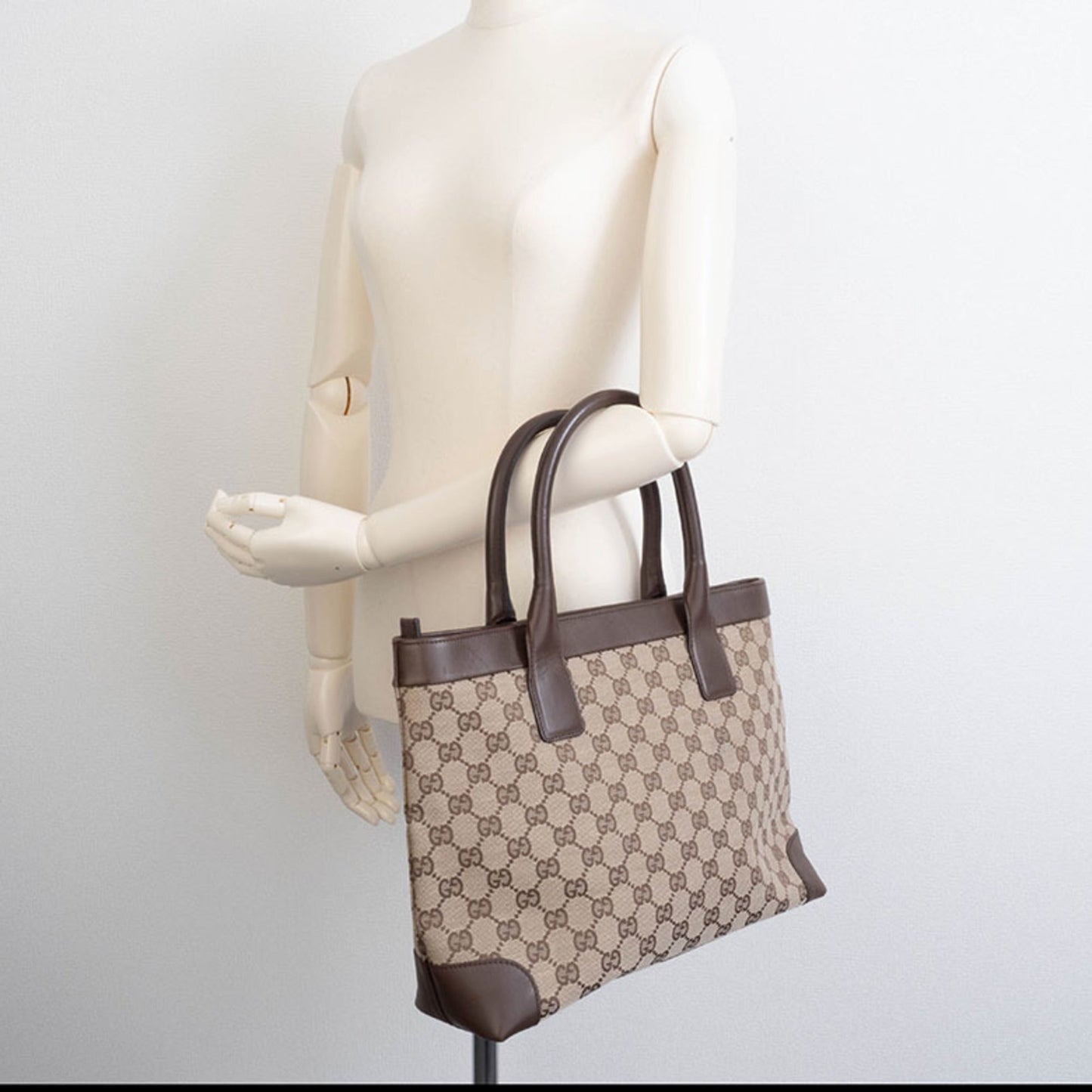Gucci Gg Canvas Beige Brown Gg Canvas Leather Tote Bag ( )