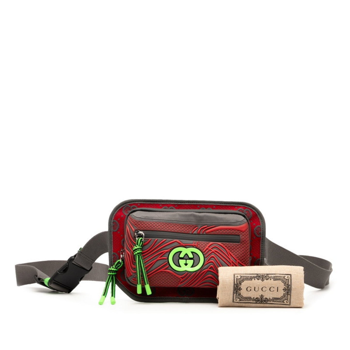 Gucci Gray Green Red Color Nylon Rubber Sling Bag ( )