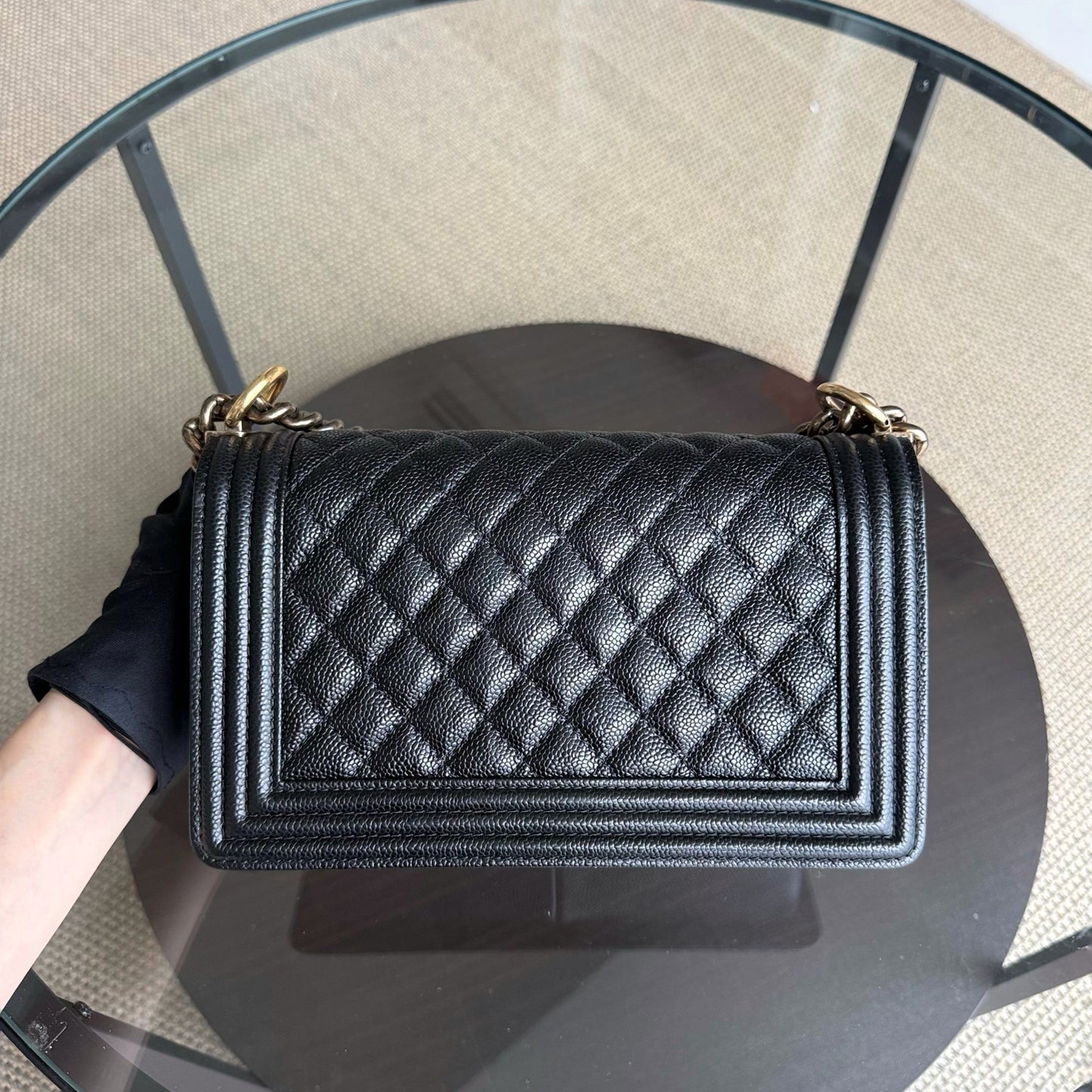 Chanel Boy Medium - Caviar 25CM Quilted Grained Calfskin Black Gold Hardware Series 20