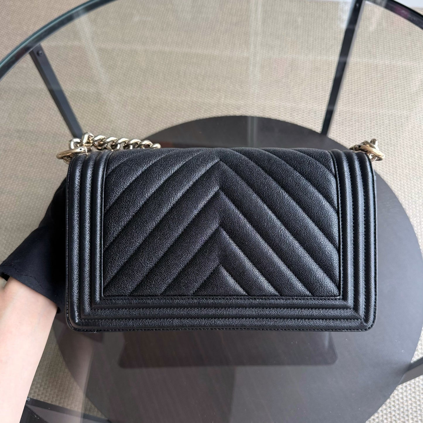 Chanel Boy Medium - Caviar 25CM Grained Calfskin Chevron Black Gold Hardware Series 30