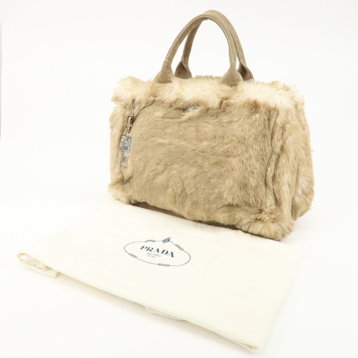 PRADA Eco Lapin Fur Suede Canapa Large Tote Bag Beige BN1918 d