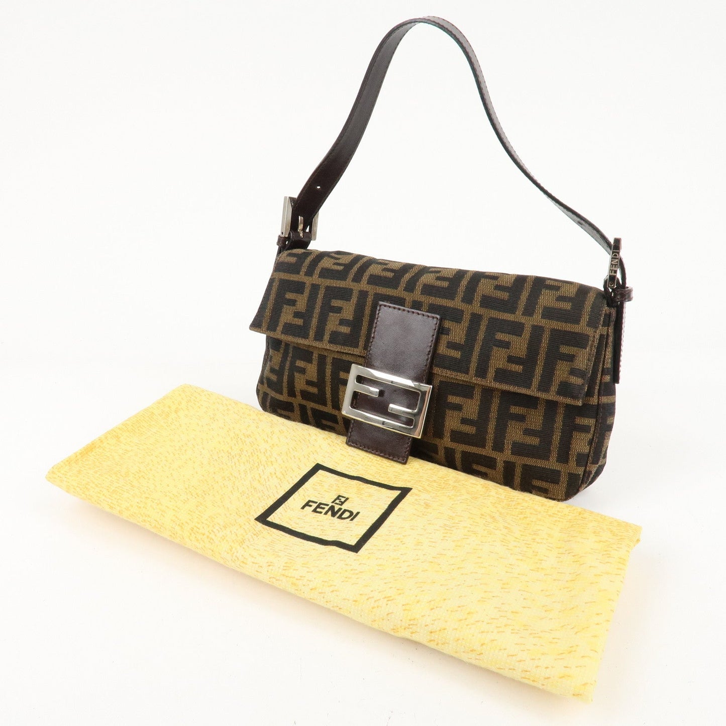 FENDI Mamma Baguette Zucca Canvas Shoulder Bag Brown Black 26424 d