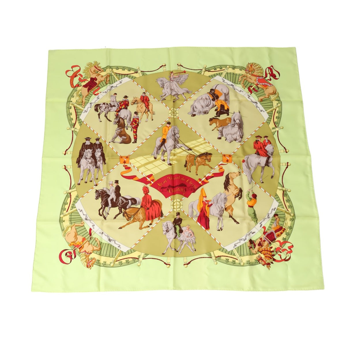 HERMES scarf silk Yellowish green Stall Chantilly Castle Horse M um Carre90 Women d