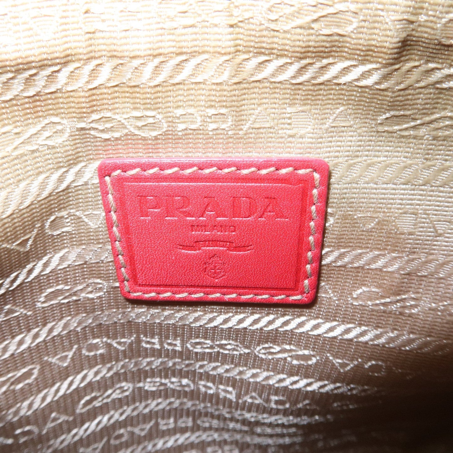 PRADA Logo Jacquard Leather Shoulder Bag Beige Red d