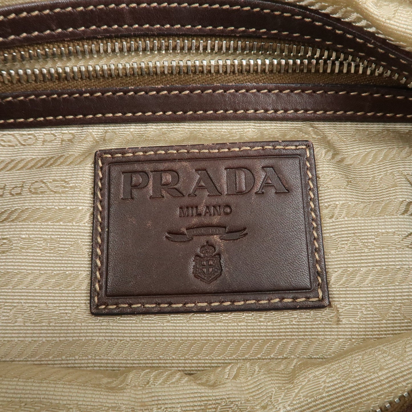 PRADA Logo Jacquard Leather Shoulder Bag Beige Brown d