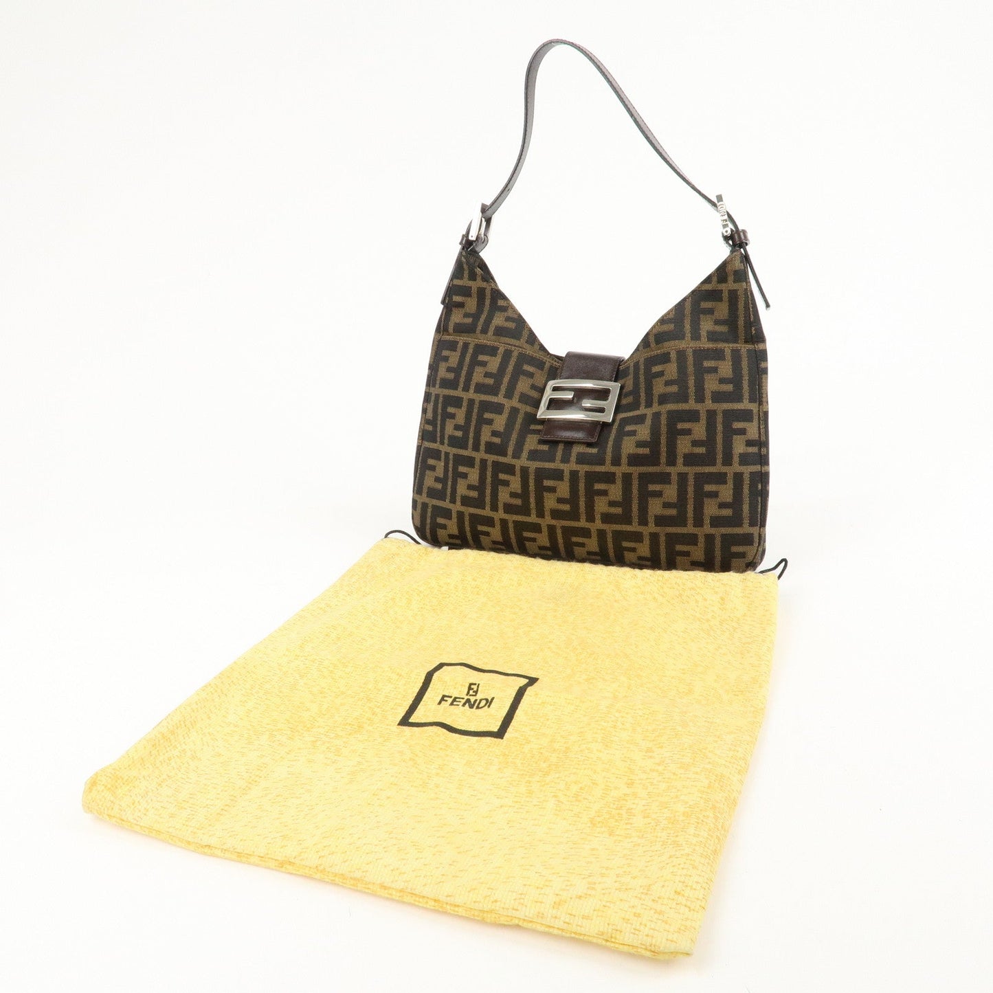 FENDI Zucca Canvas Leather Shoulder Bag Brown Black 26569 d