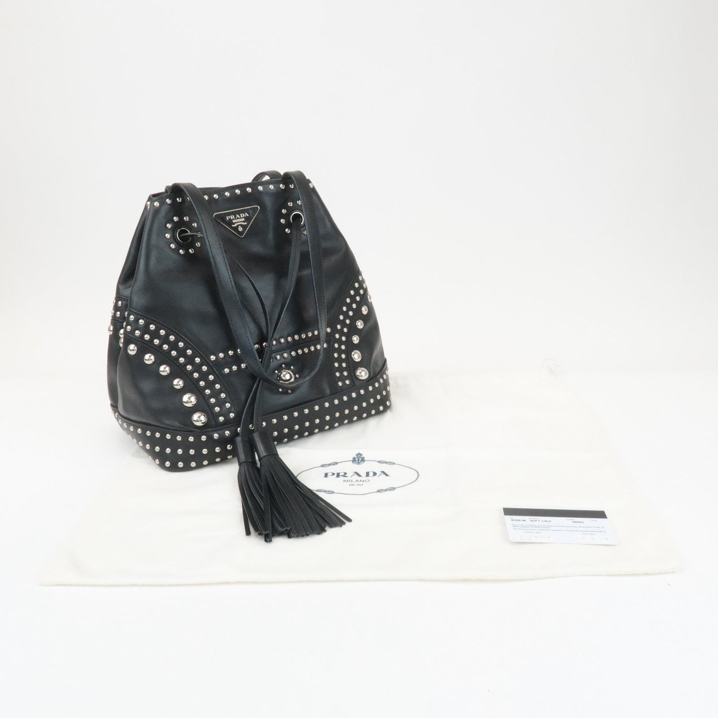 PRADA Calf Leather Drawstring Shoulder Bag Studs Tassel B5061M d