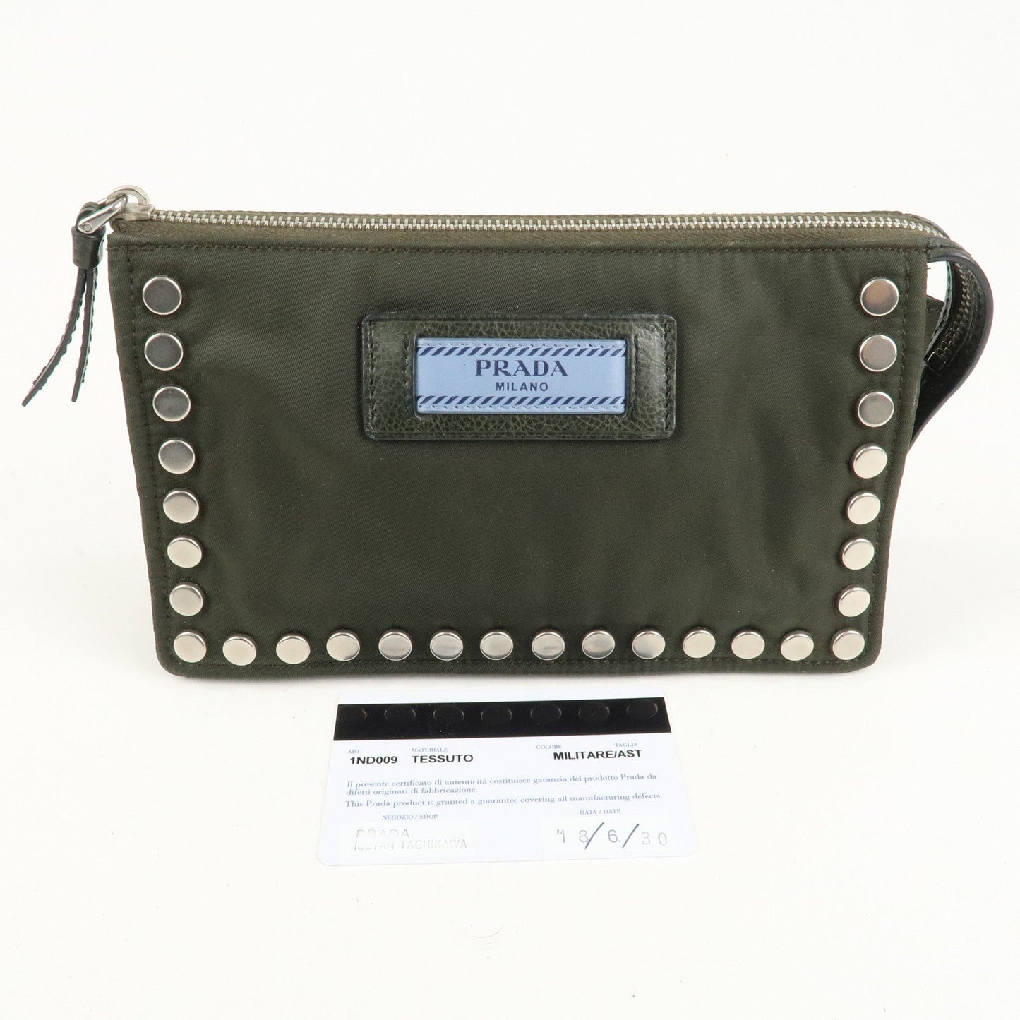 PRADA Tessuto Travel Pouch Studs Military Silver HDW d