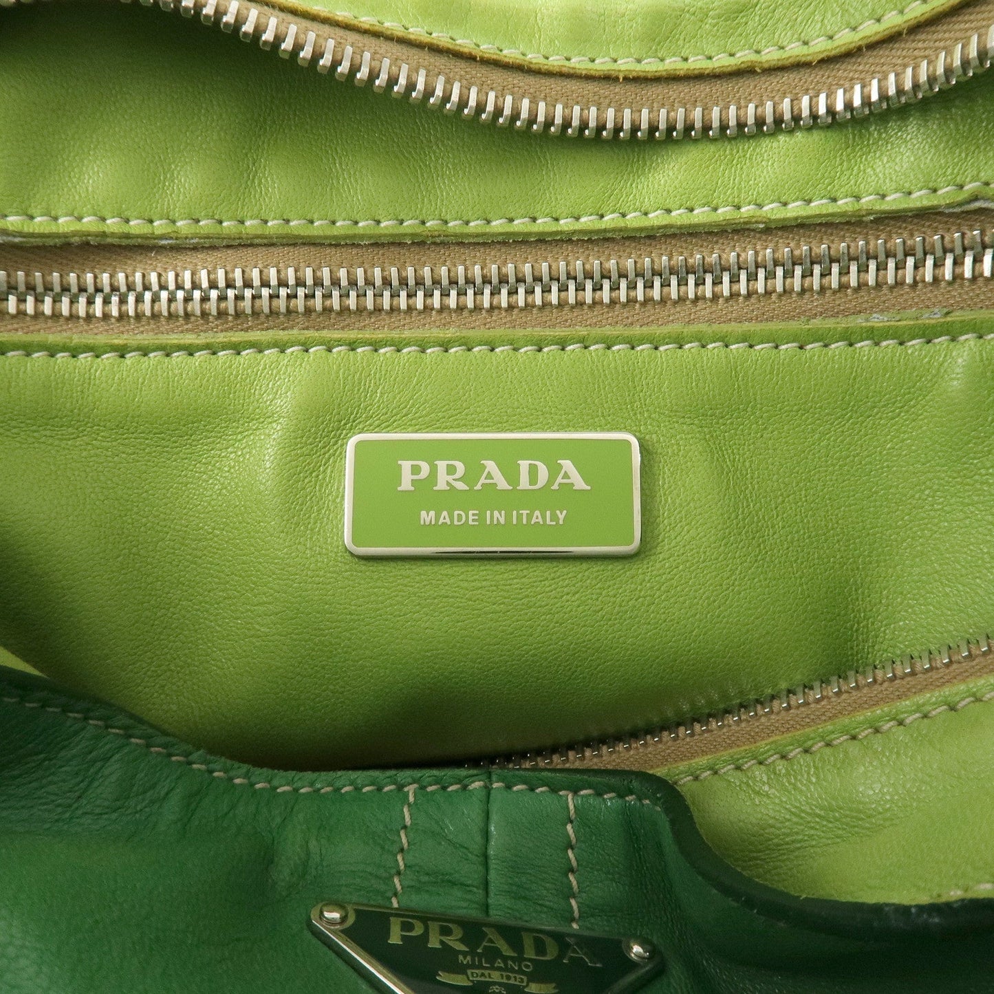 PRADA Logo Leather Tassel Shoulder Bag Hand Bag Green d