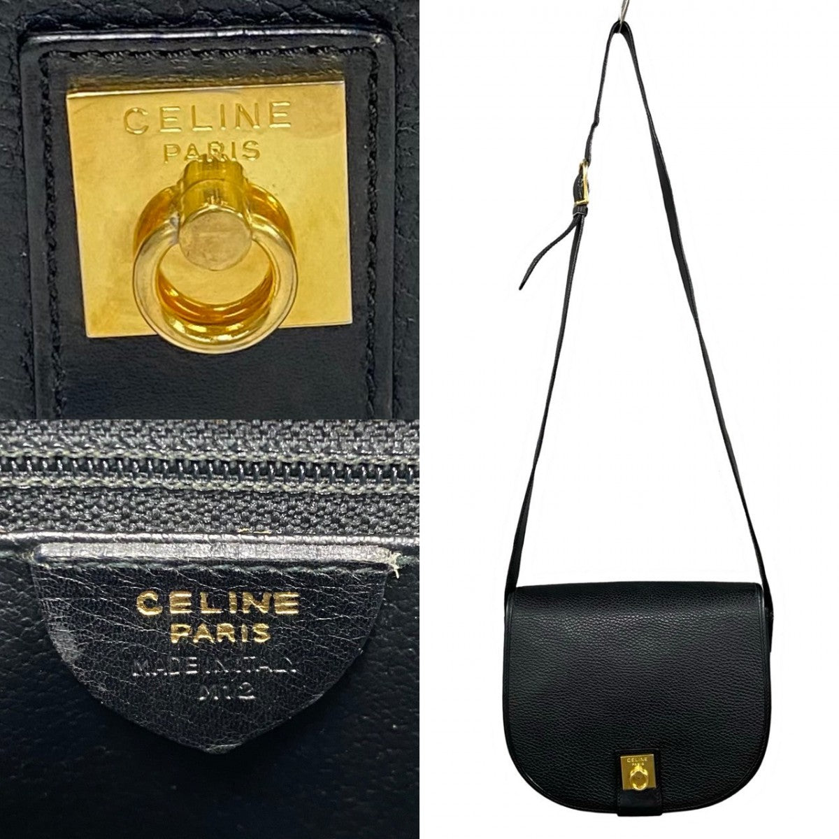 CELINE Shoulder Bag leather black logo ring Metal Women