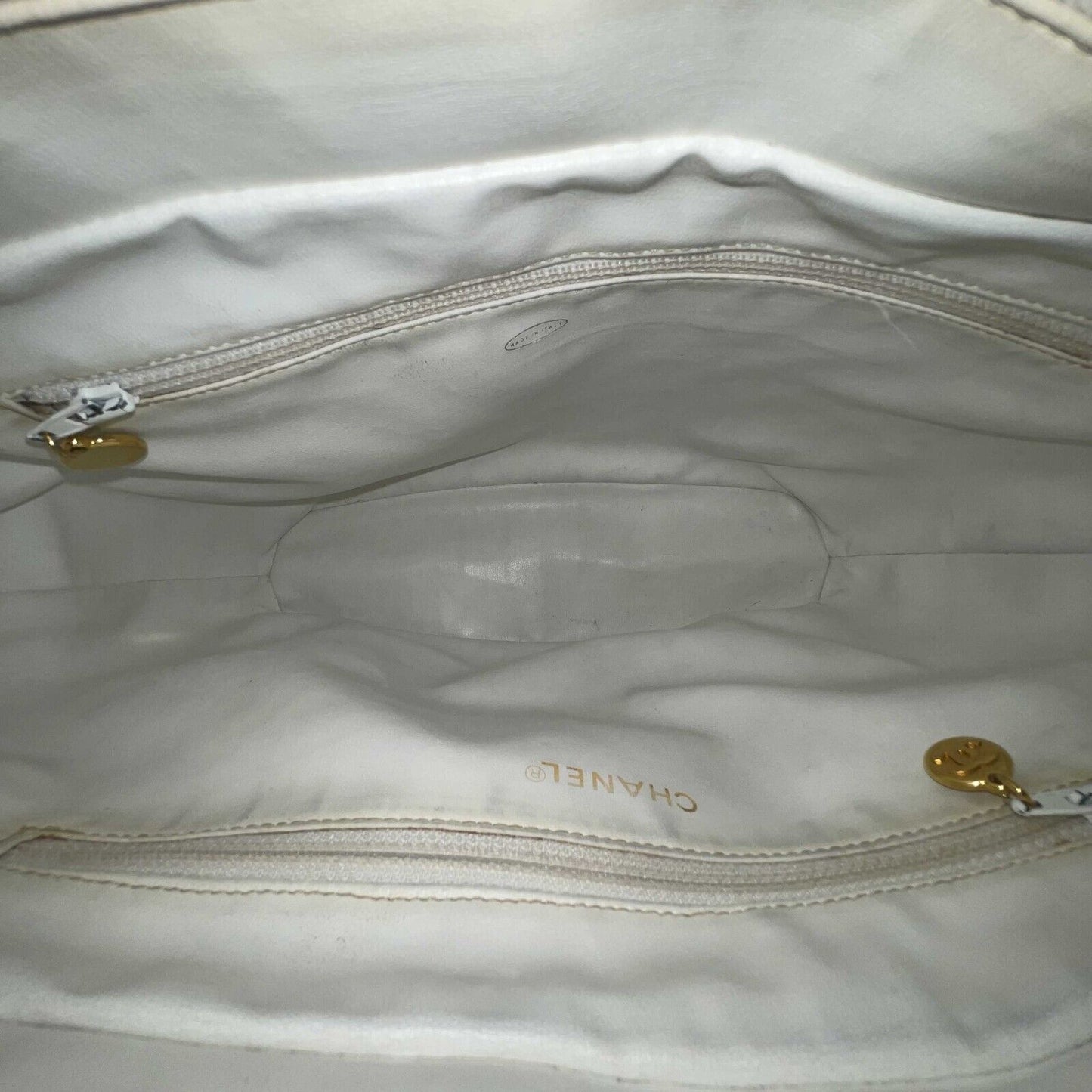 CHANEL - 1994 White Leather Small Chevron Tote / Shoulder Bag