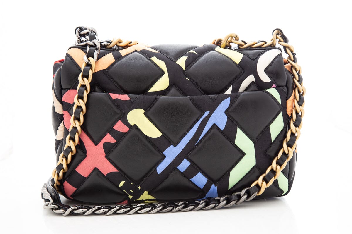 Chanel 19 Black Multicolor Printed Fabric & Lambskin Handbag