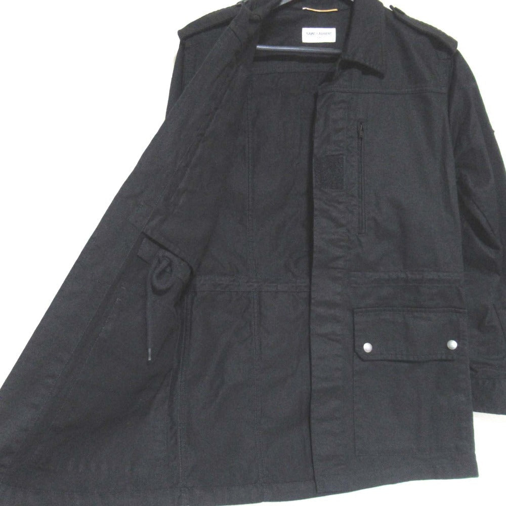 Saint Laurent Paris Embroidery Glitter Logo Patch Cotton Linen Blend Military Jacket