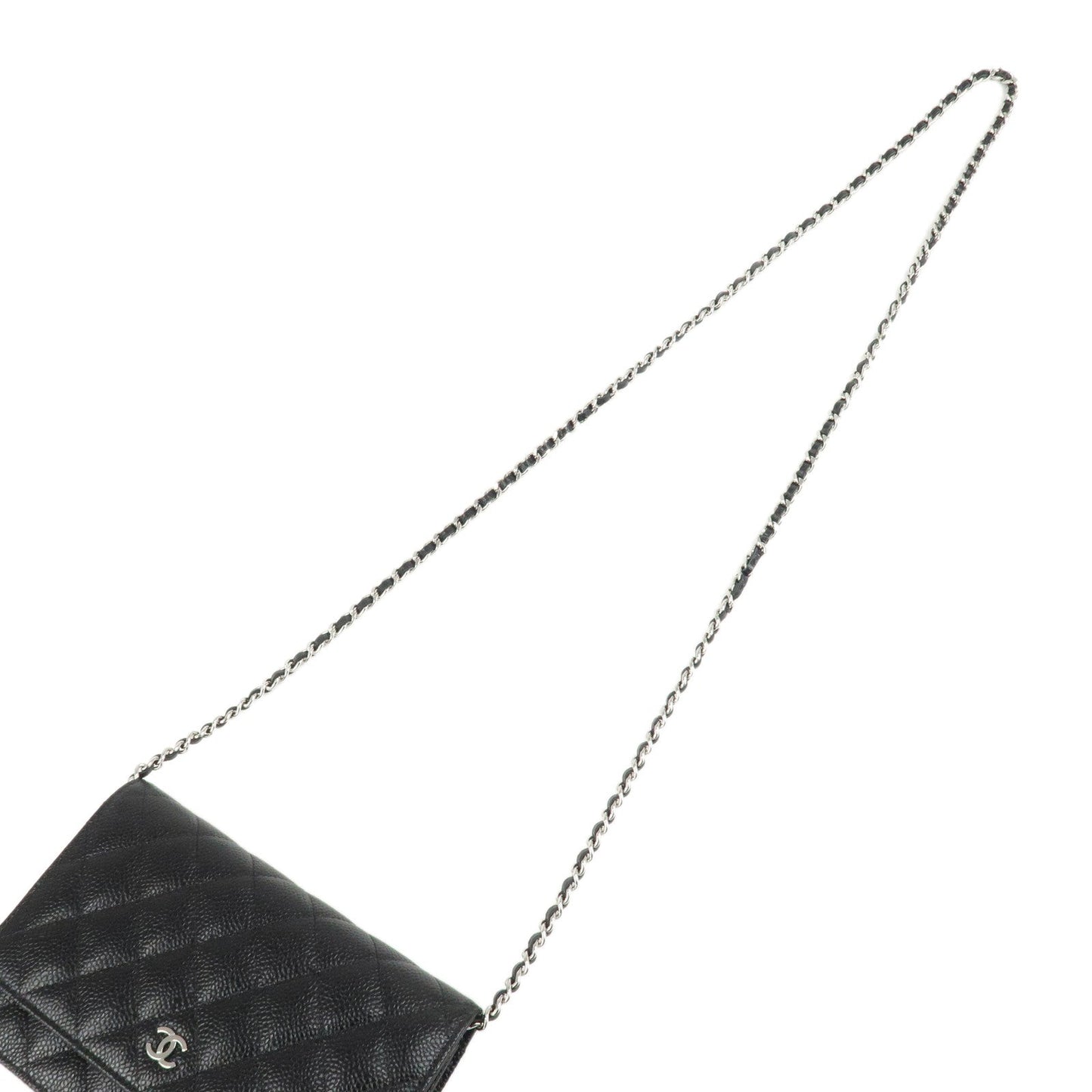 CHANEL Caviar Skin Chain Shoulder Wallet Purse Black Silver AP0250 d