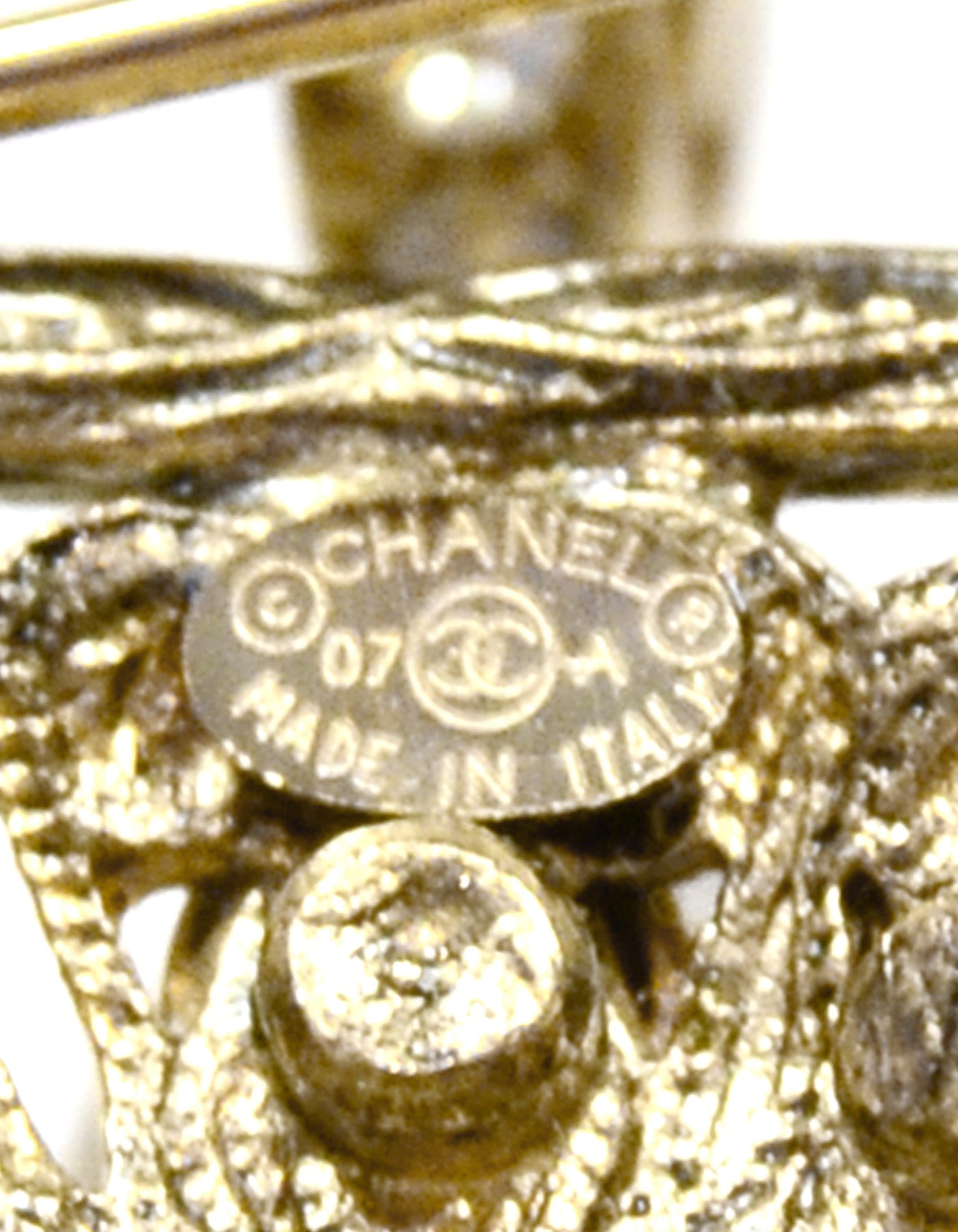 Chanel Goldtone Filigree CC Brooch w/ Faux Pearl and Crystals