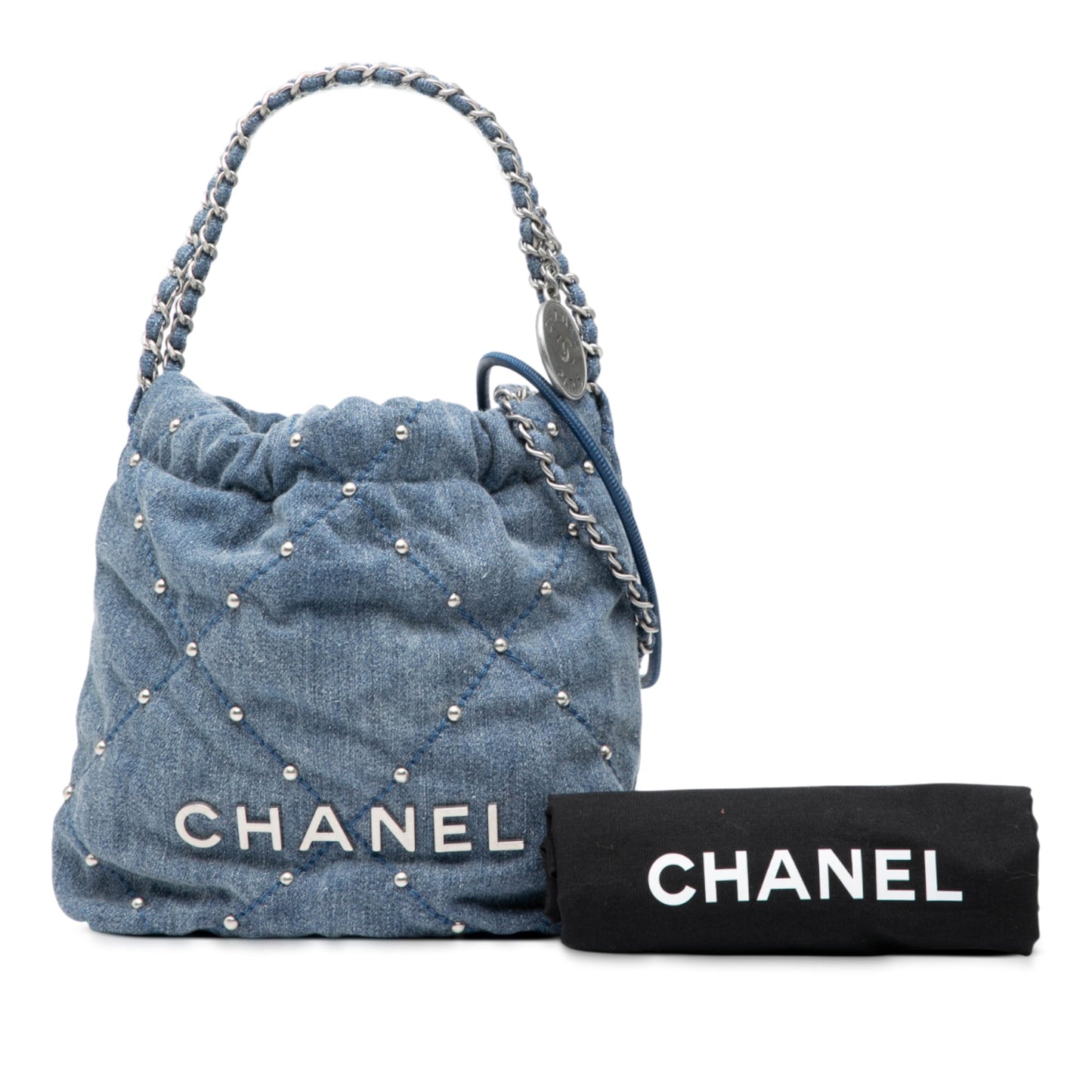 Blue Chanel Mini Denim Studded 22 Handbag Satchel