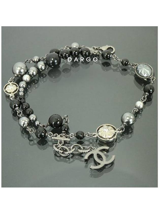 CC Logo Crystal Beads Pearl Bracelet Black Silver Chanel