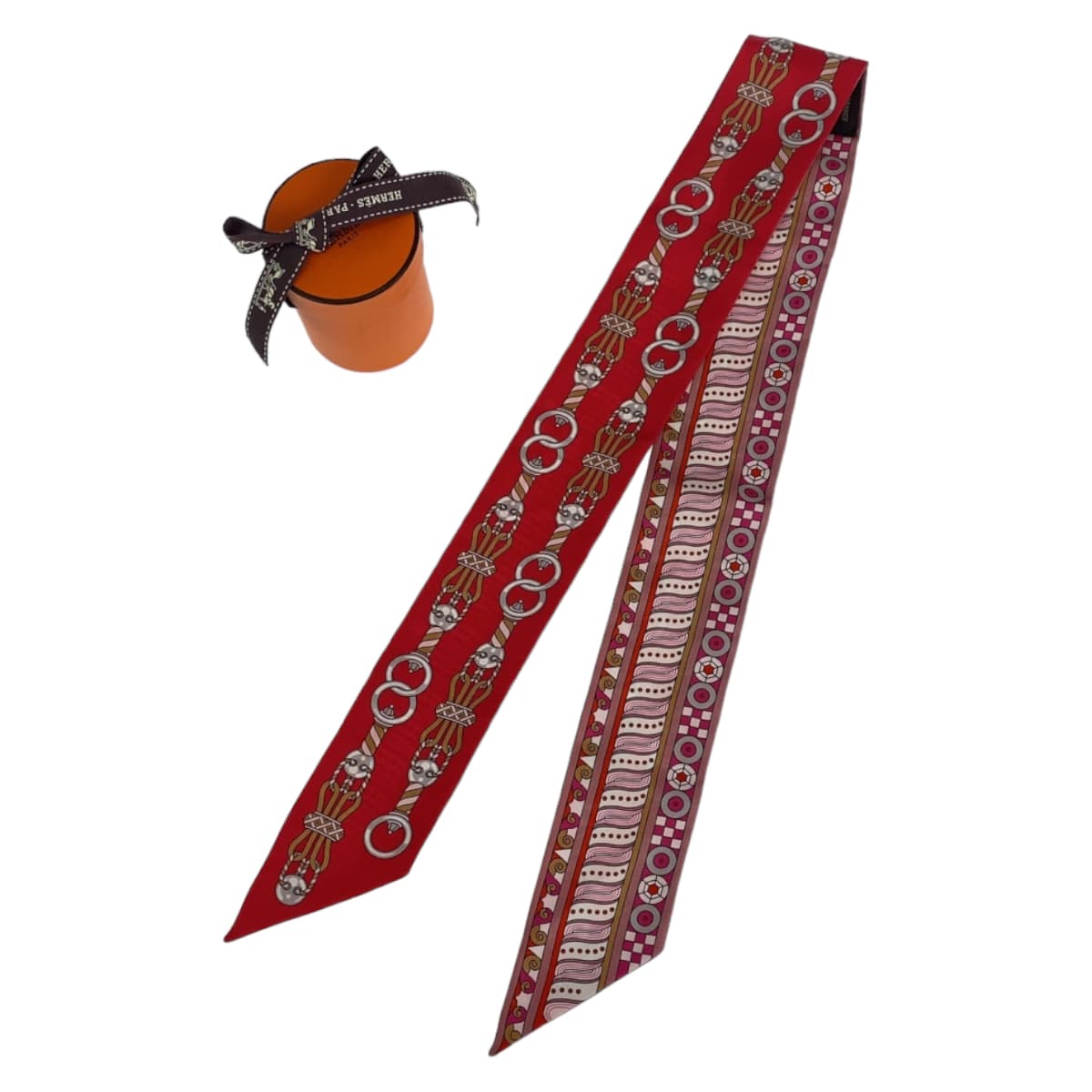 HERMES scarf silk Red Pink Multicolor scarf ribbon Twilly HARNAIS EN ROSACE Women d
